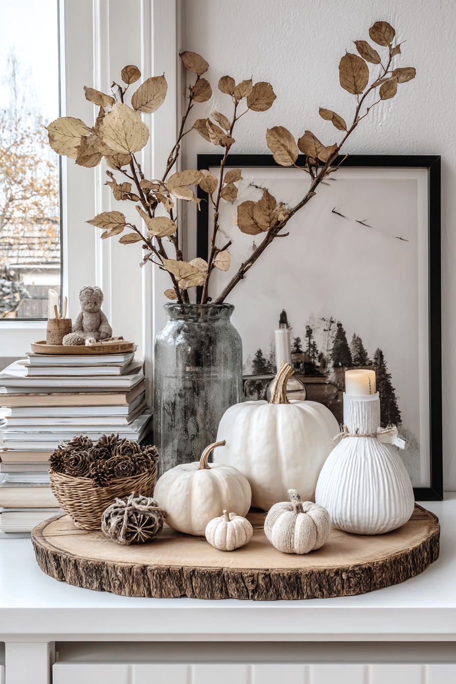 Herbstliche Deko mit weißen Kürbissen und getrockneten Zweigen auf einem Tisch.