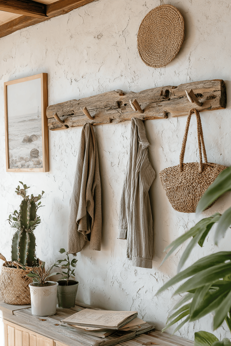 Garderobenhaken aus Altholz im Landhausstil mit Pflanzen und Dekoration an einer Wand.