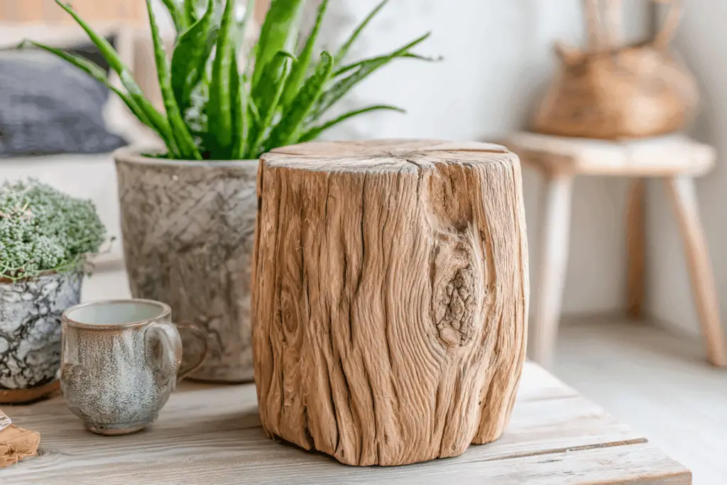 Holzhocker mit Pflanzen und Tasse im Hintergrund