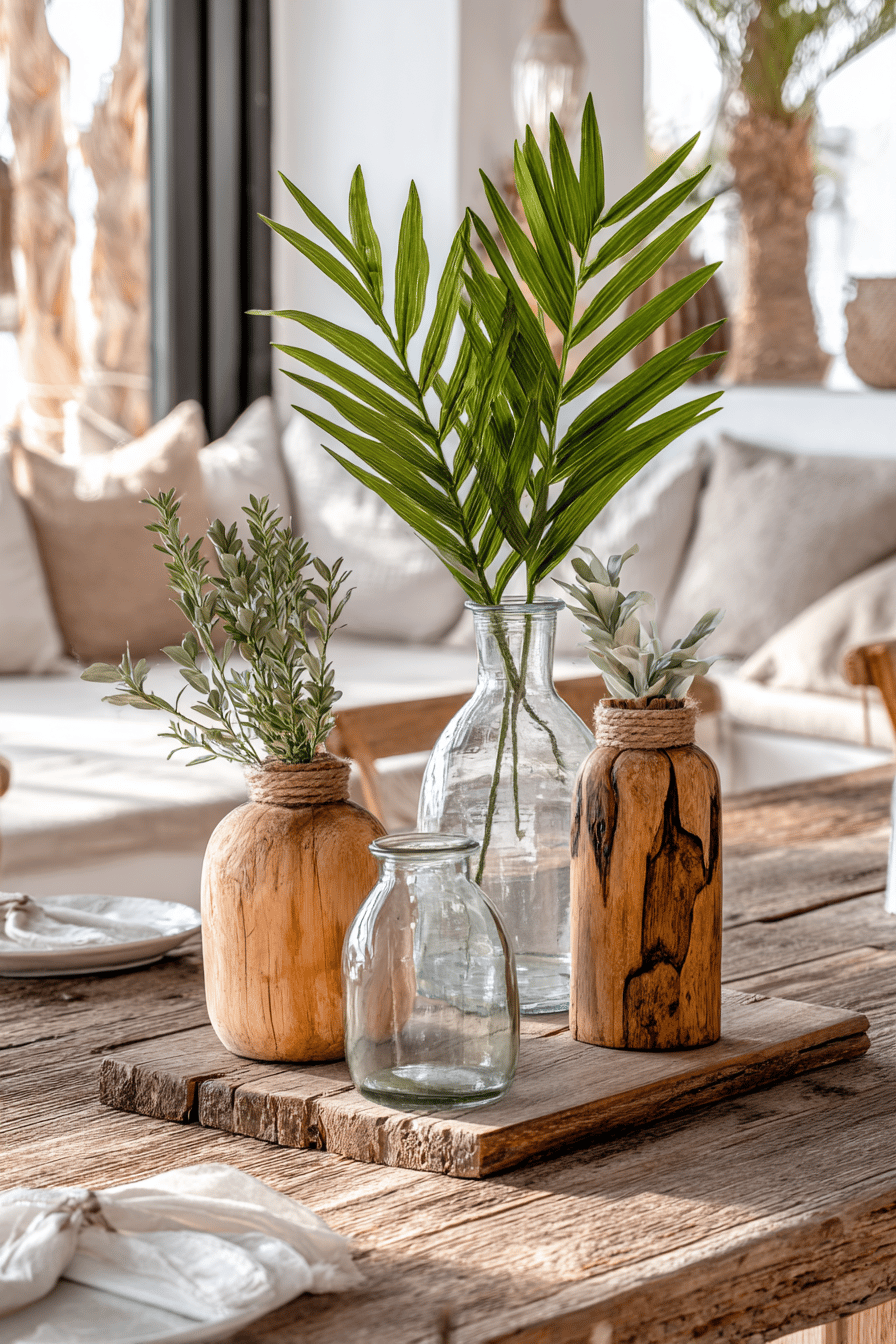 Vasen aus Glas und Altholz auf einem rustikalen Holztisch.
