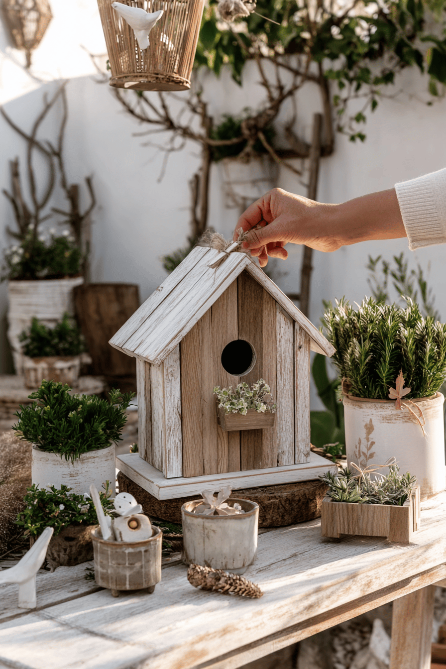 Ein DIY-Vogelhaus aus Altholz auf einem Tisch, umgeben von grünen Pflanzen und weiteren Dekorationen.