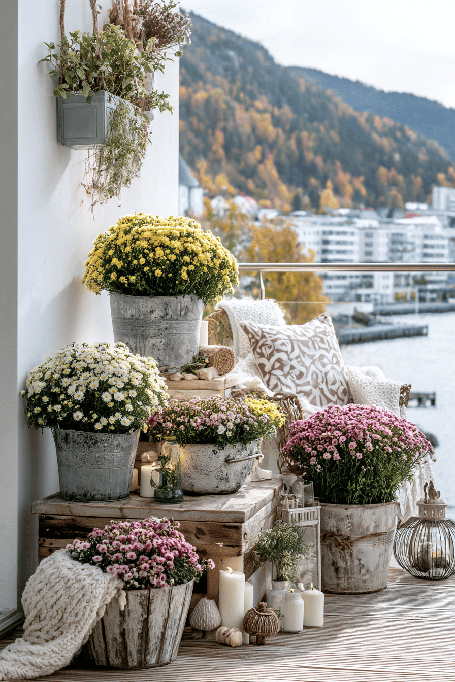 Balkon dekoriert mit Chrysanthemen in rustikalen Töpfen, arrangiert mit Kerzen und Kissen.