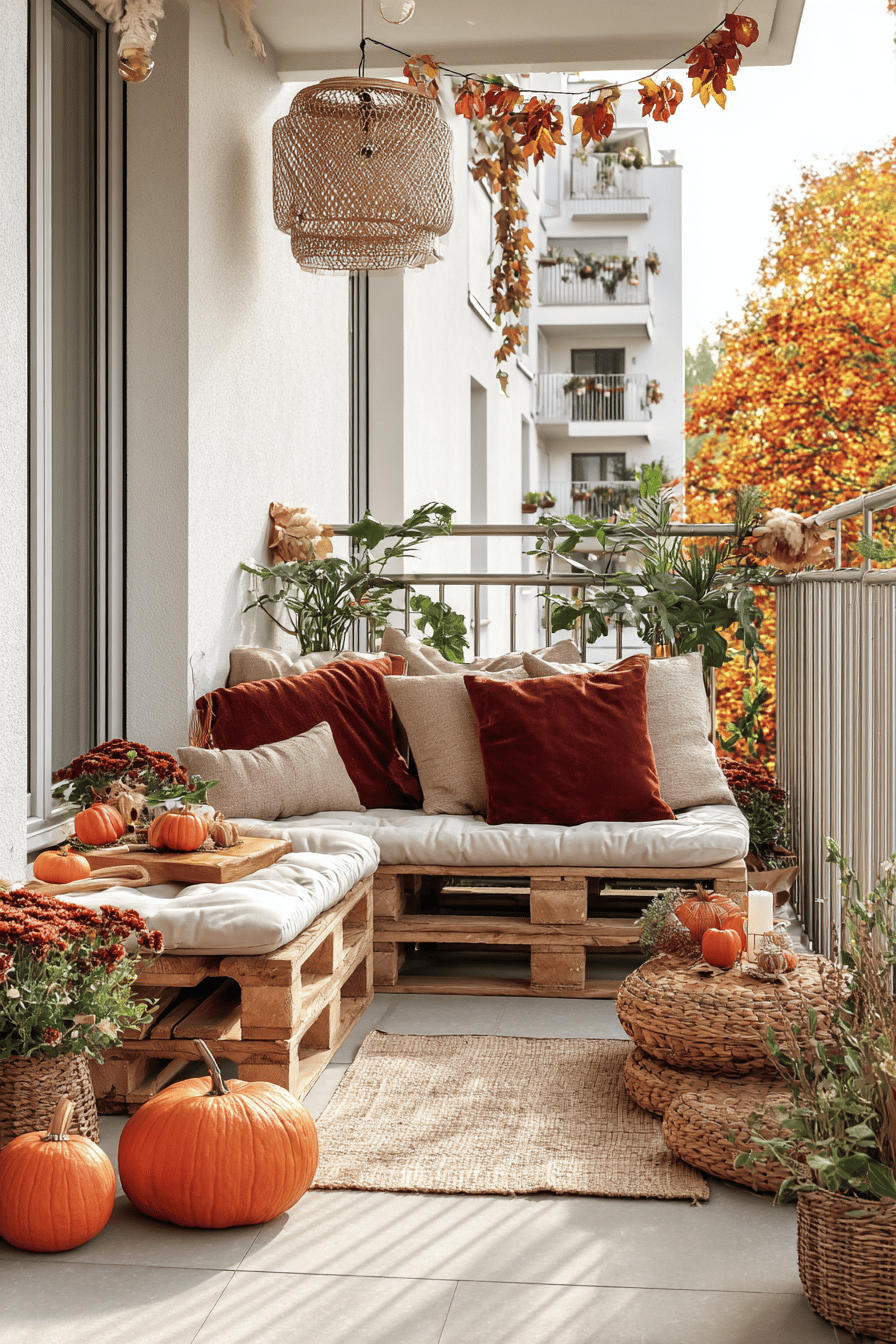 Gemütlich dekorierter Balkon mit rot-goldenen Akzenten und Kürbissen.