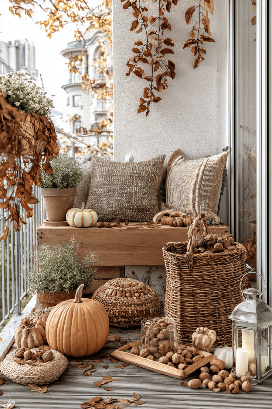 Ein herbstlich dekorierter Balkon mit Kürbissen, Nüssen und herbstlichen Pflanzen.