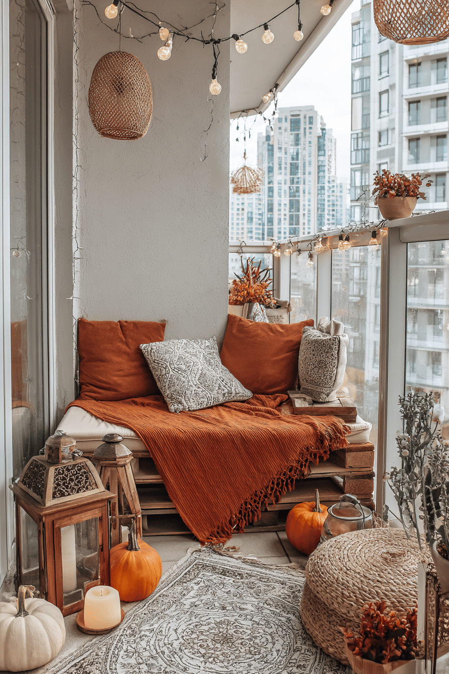 Gemütlich dekorierter Balkon mit orangefarbenen Textilien, Laternen und Kürbissen.