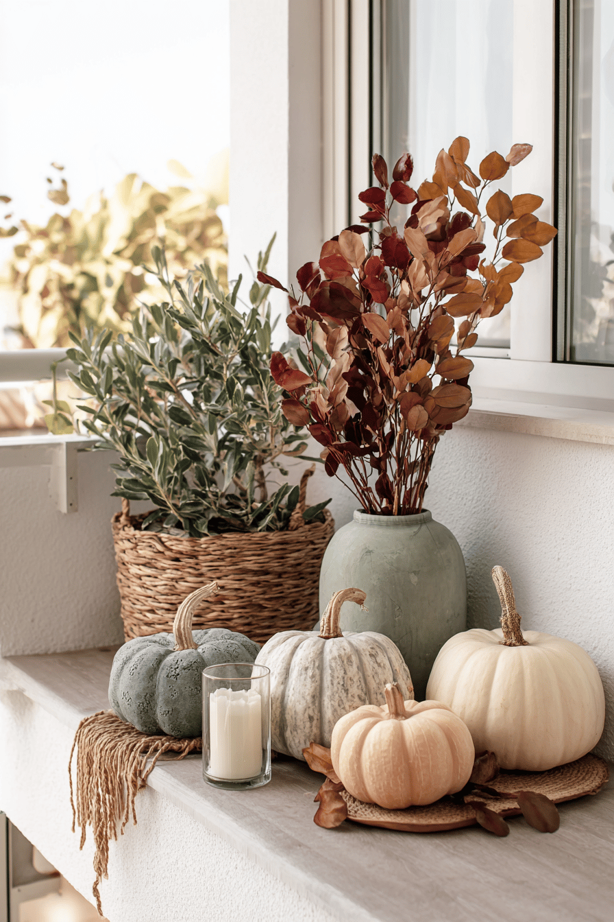 Herbstliche Balkon-Dekoration mit Kürbissen, Trockenblumen und einer Kerze.
