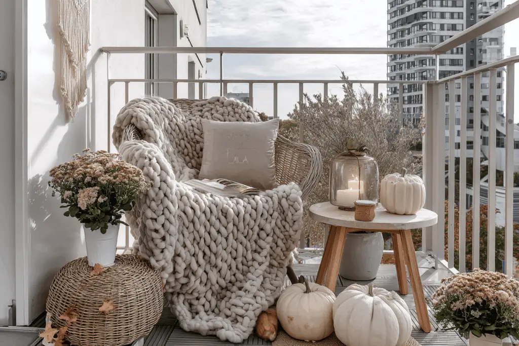 Gemütlicher Balkon mit Stuhl und Herbstdekoration.
