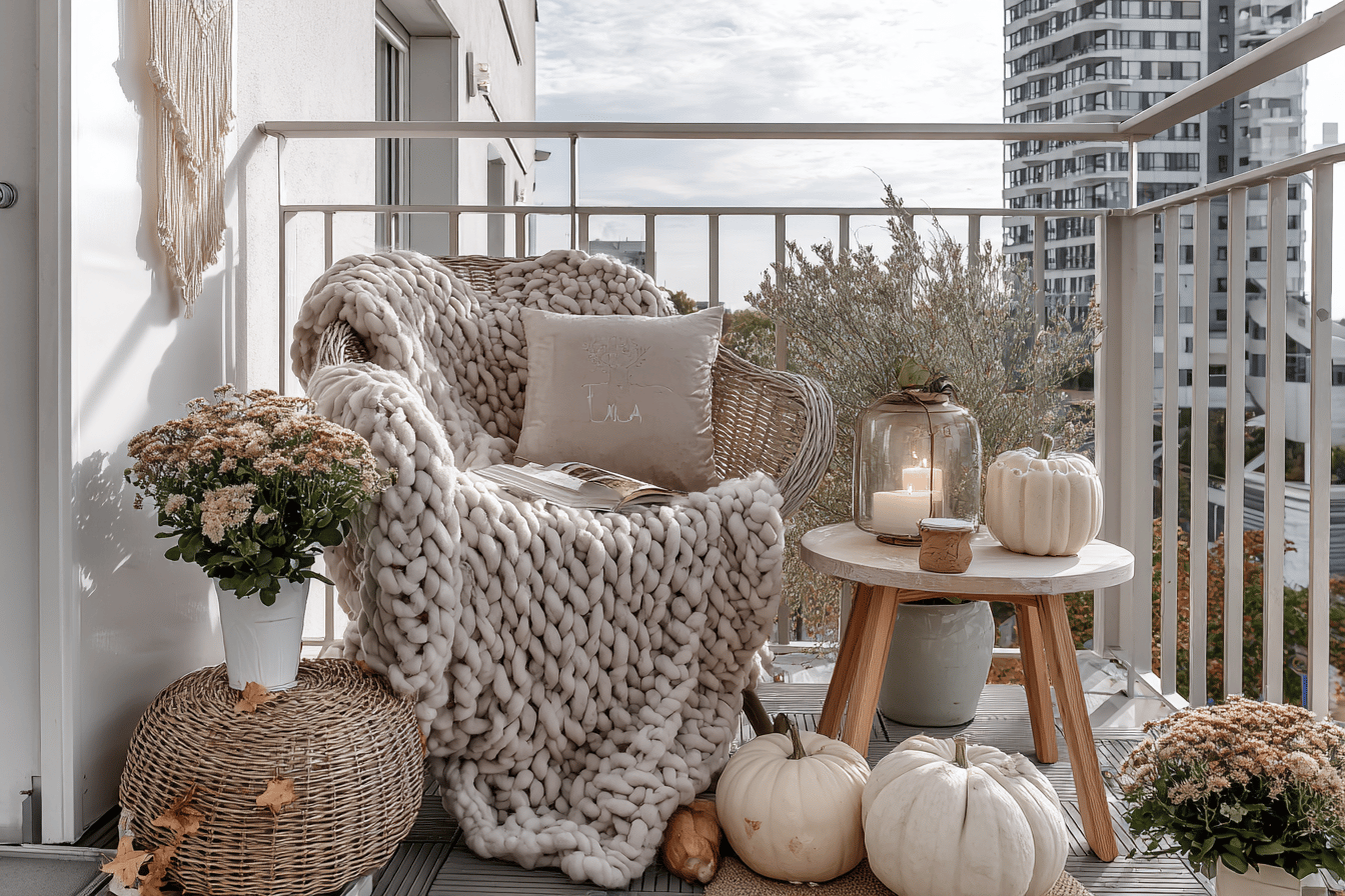 Gemütlicher Balkon mit Stuhl und Herbstdekoration.