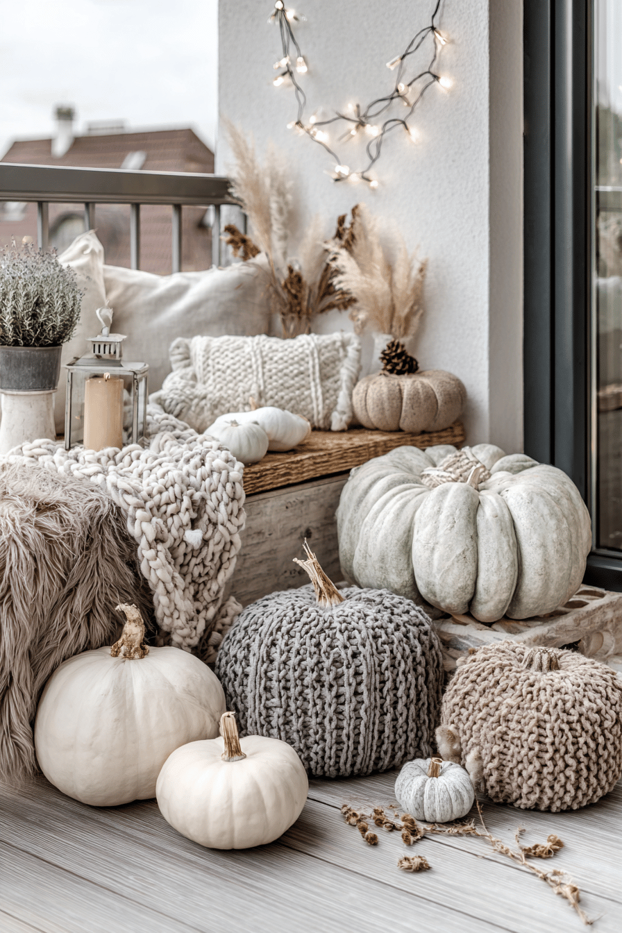 Herbstlich dekorierter Balkon mit Kürbissen, Plaids und Kissen.