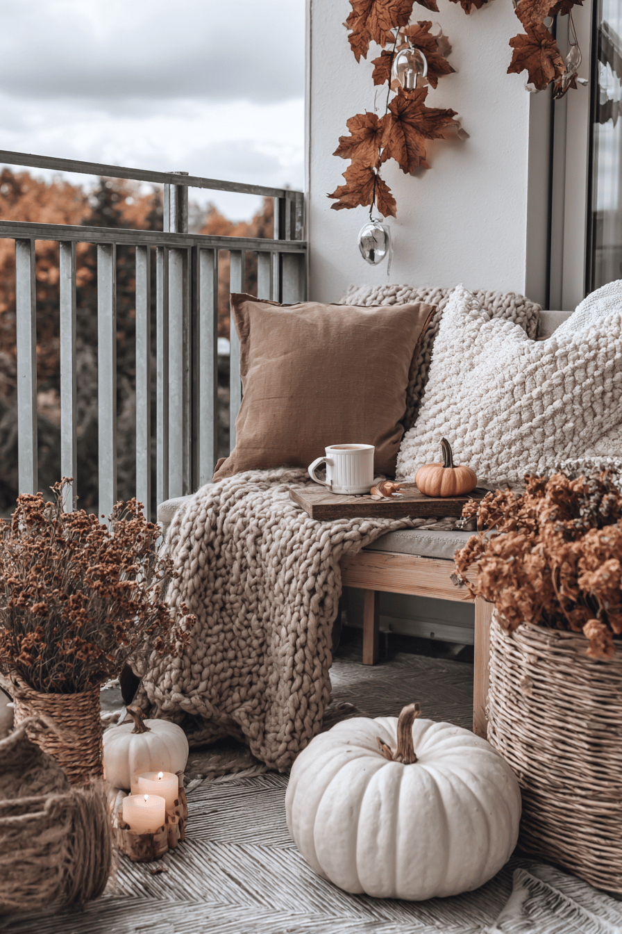 Herbstlich dekorierter Balkon mit Kürbissen, Decken und Kissen.