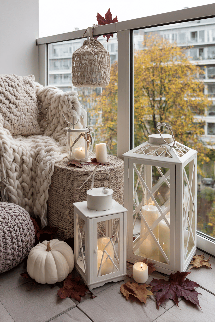 Balkon mit dekorativen Windlichtern, Kerzen und herbstlichen Dekorationselementen.