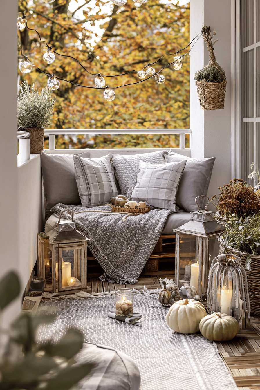 Gemütlich dekorierter Balkon mit Laternen, LED-Lichterketten und Herbstdekorationen.