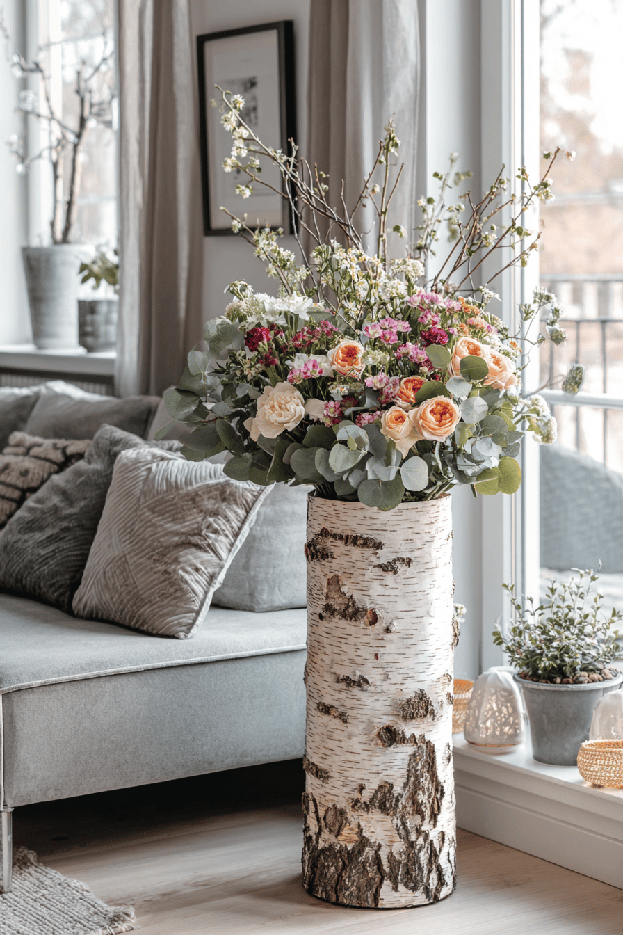 Ein natürlicher Blumenständer aus einem Birkenstamm mit buntem Blumenschmuck in einem Wohnzimmer.