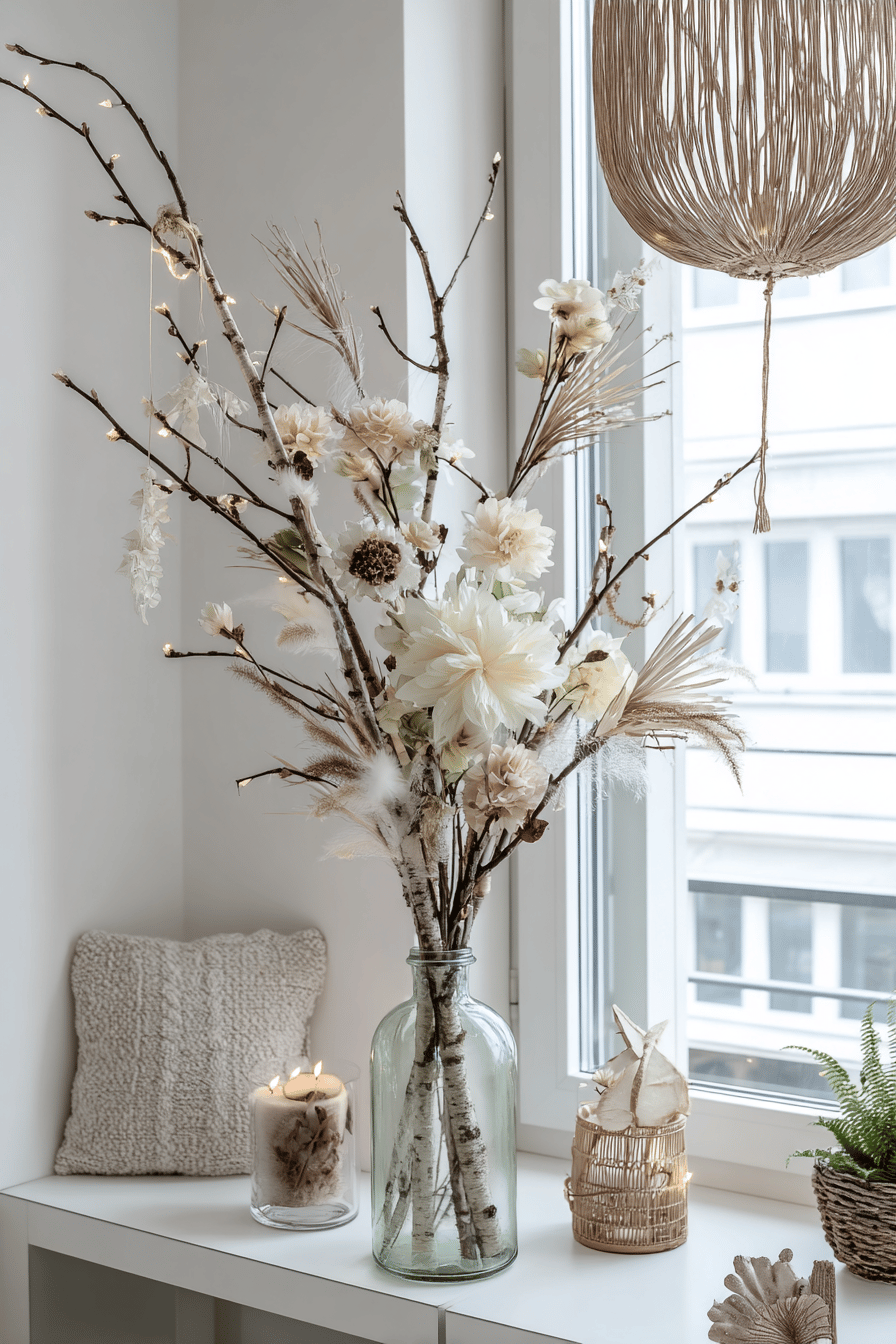 Ein Birkenast-Arrangement mit Trockenblumen in einer großen Vase neben einer brennenden Kerze und Deko-Elementen.