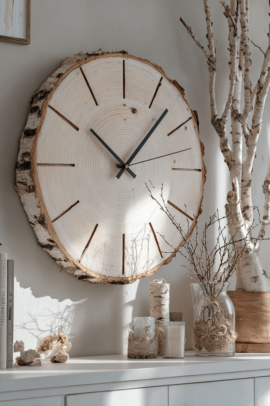 Eine Wanduhr aus Birkenholz mit minimalistischen Zeigern und umgeben von Birken-Dekoration.