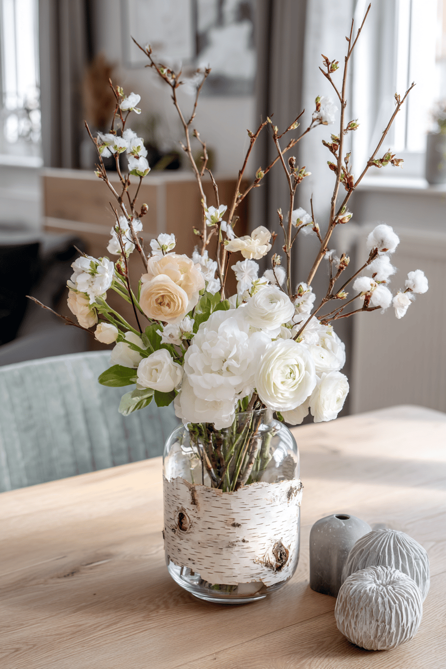 Ein Glasvase auf einem Tisch, geschmückt mit Birkenast und frischen Blumen.