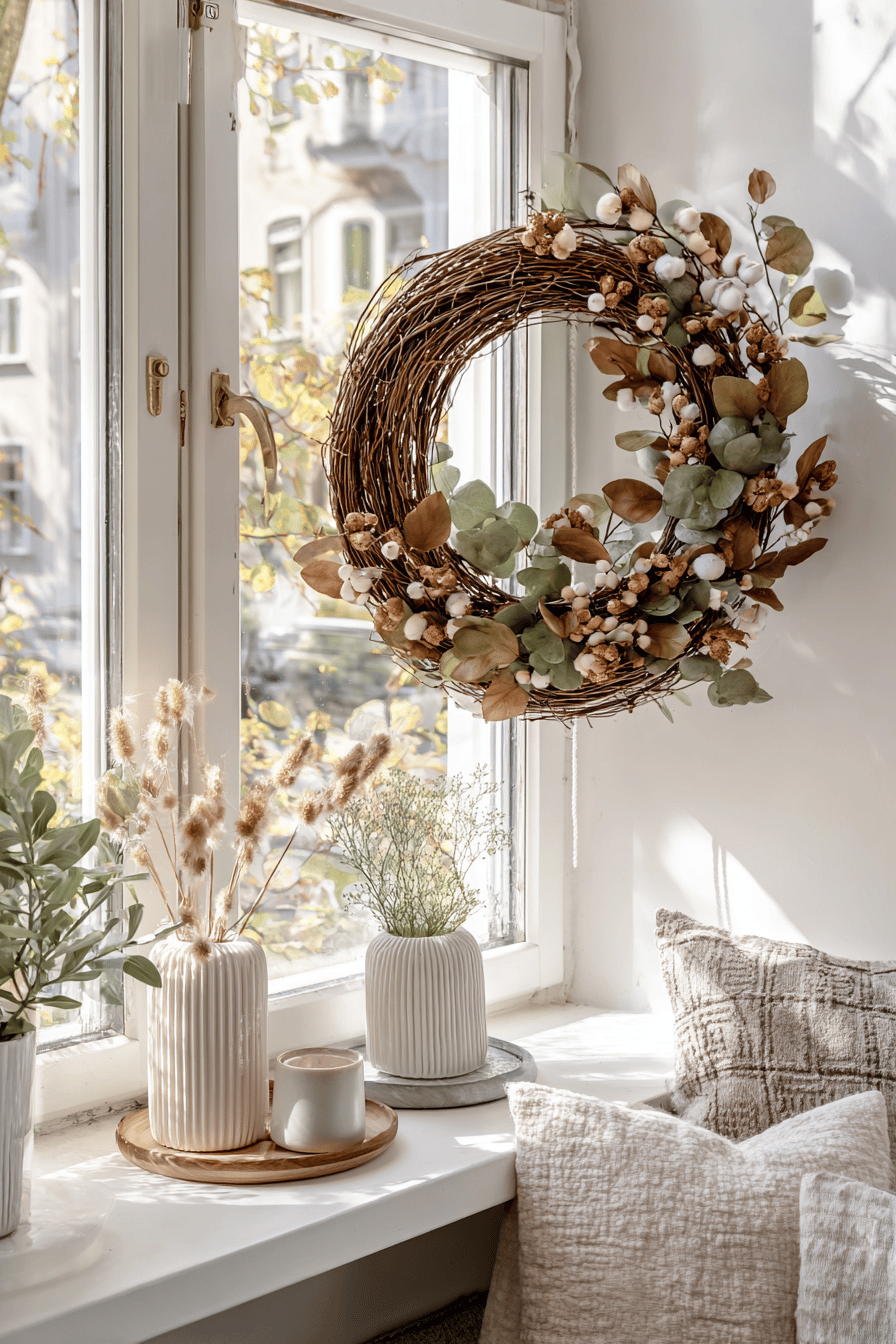 Ein dekorativer Herbstkranz aus Ästen und Blättern hängt an einem Fenster.