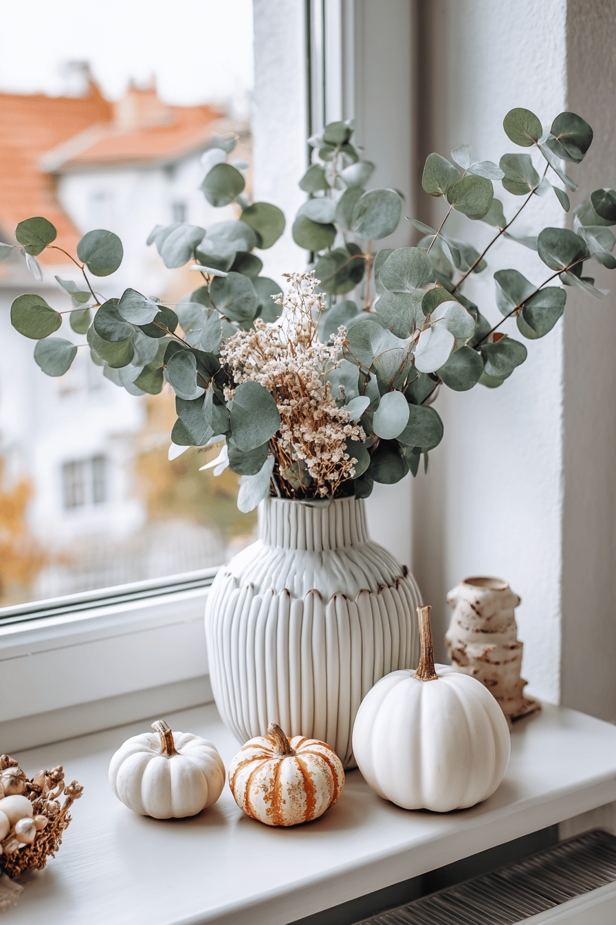 Eukalyptuszweige in einer Vase auf einer Fensterbank dekoriert mit kleinen Kürbissen.