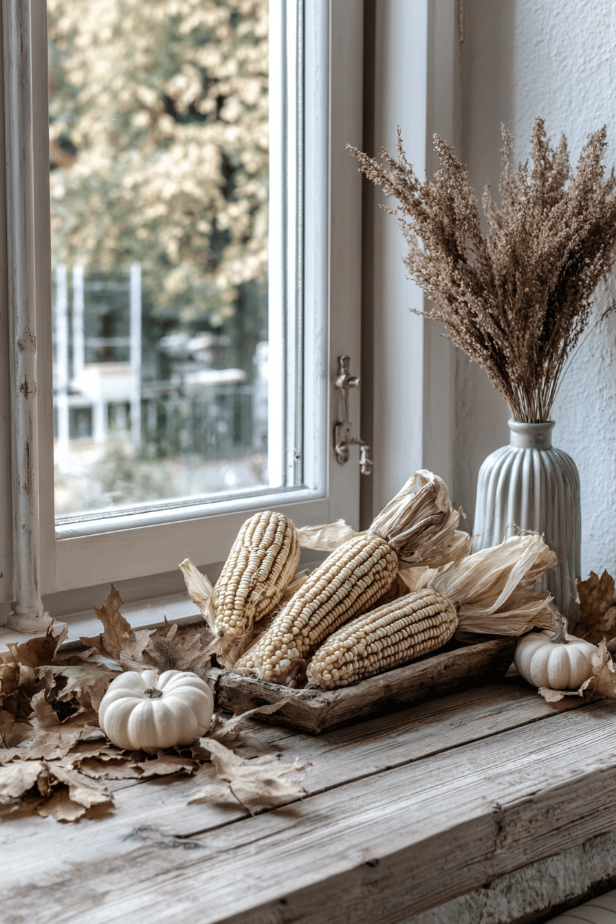 Herbstlich dekorierte Fensterbank mit getrockneten Maiskolben, Kürbissen und Trockenblumen.