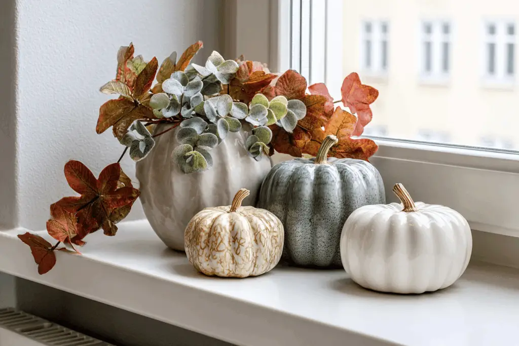 Herbstdekoration mit Kürbissen auf Fensterbank