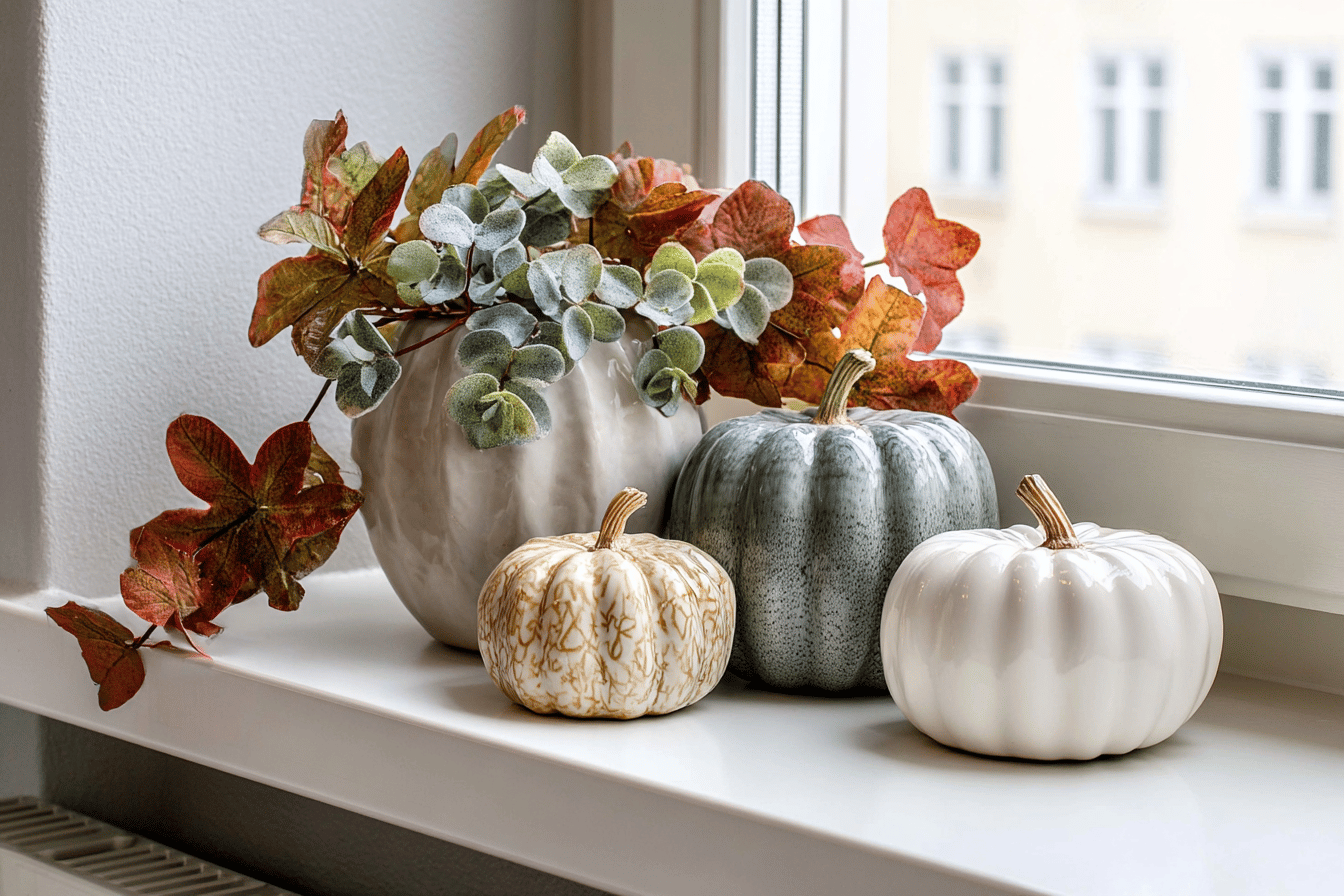 Herbstdekoration mit Kürbissen auf Fensterbank