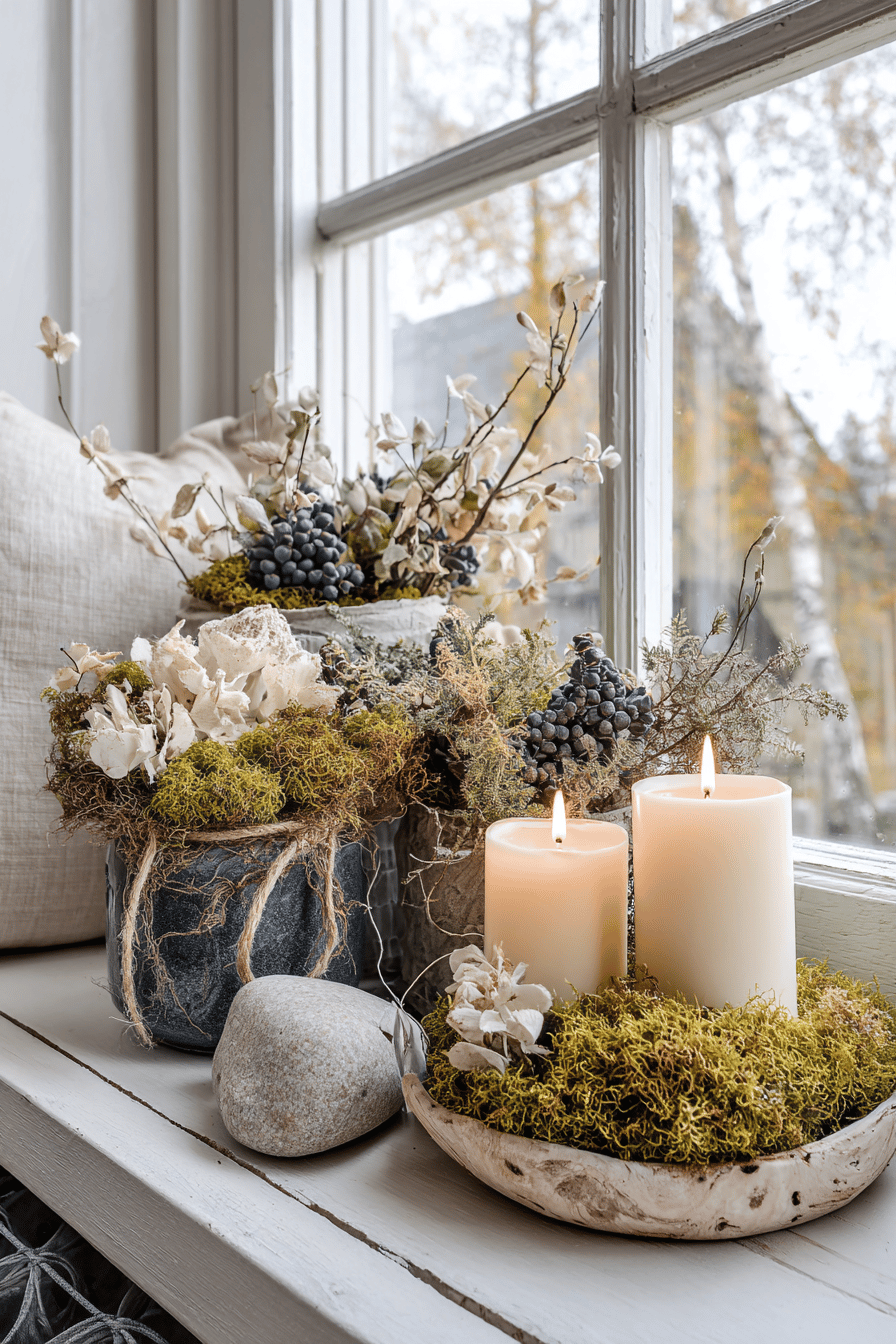 Fensterbank mit Trockenmoos, LED-Kerzen und herbstlicher Dekoration.