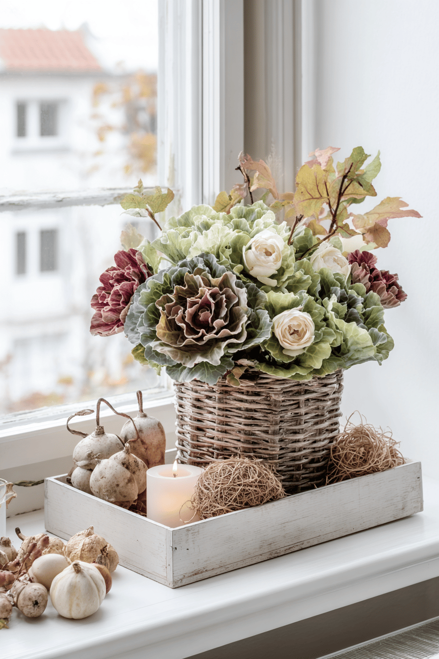 Ein stilvolles Tablett mit Zierkohl, herbstlichen Blumen, Kürbissen und einer Kerze auf einer Fensterbank.