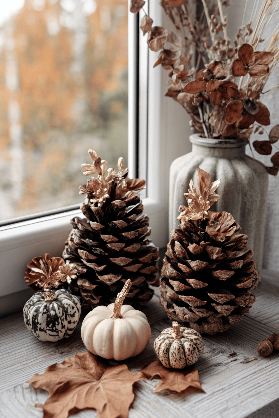 Herbstdekoration auf der Fensterbank mit Tannenzapfen und Kürbissen.