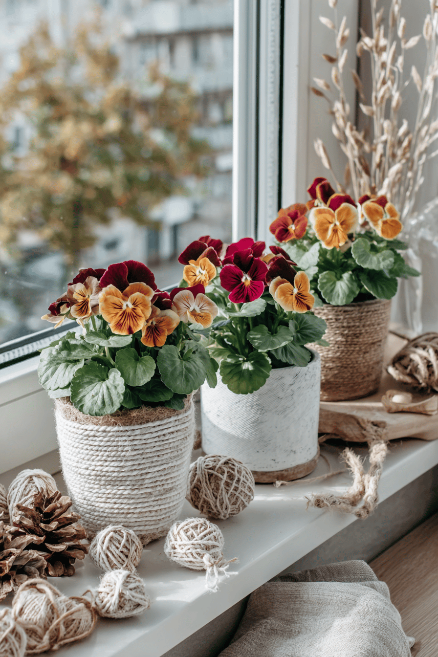 Fensterbank dekoriert mit bunten Viola cornuta-Pflanzen, Tannenzapfen und Jutegarn.