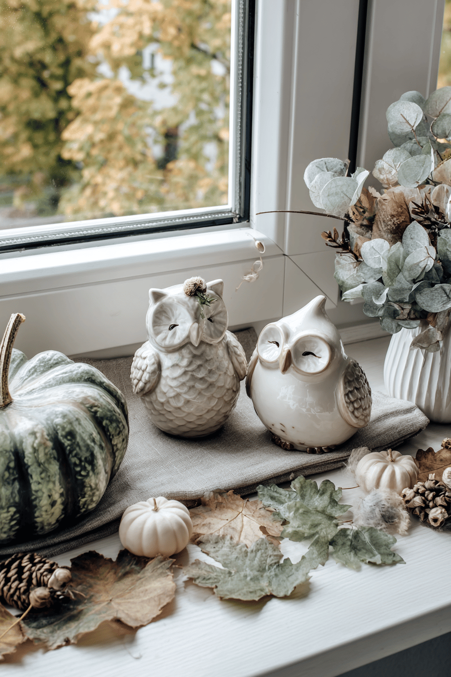 Fensterbank mit Ton-Eulen, Kürbissen und Herbstblättern dekoriert.