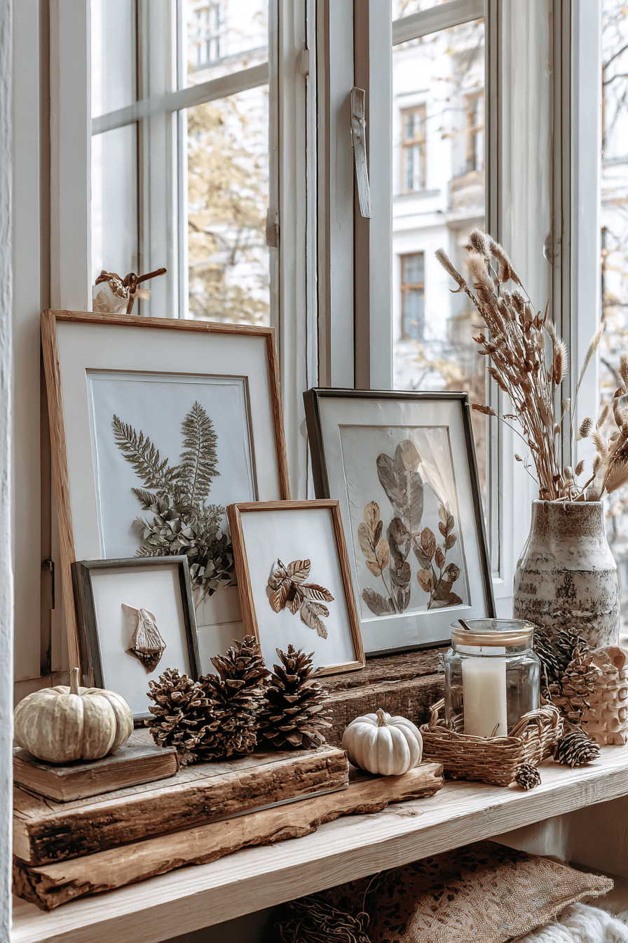 Herbstlich dekorierte Fensterbank mit gerahmten Blättern und Zapfen.