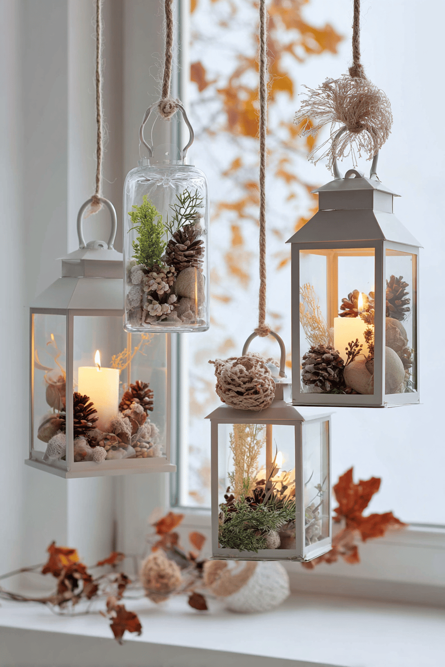 Hängende Laternen mit Naturmaterialien und Kerzen vor einem herbstlichen Fenster.