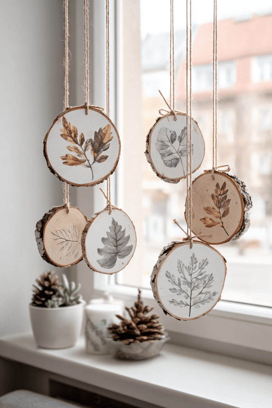 Hängende Baumscheiben mit aufgemalten herbstlichen Blättermotiven vor einem Fenster.