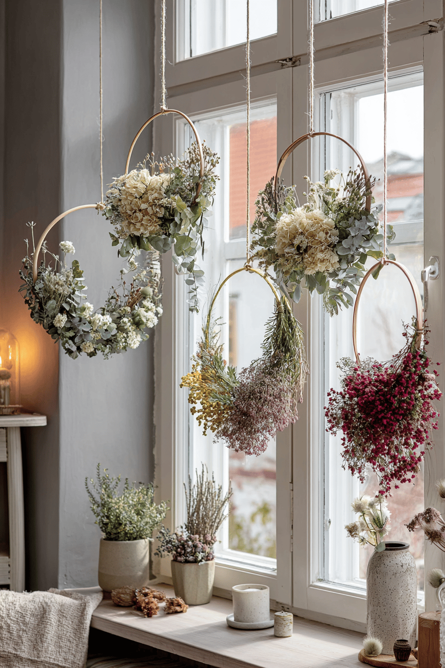 Vier hängende Herbstkränze aus getrockneten Blumen vor einem Fenster.