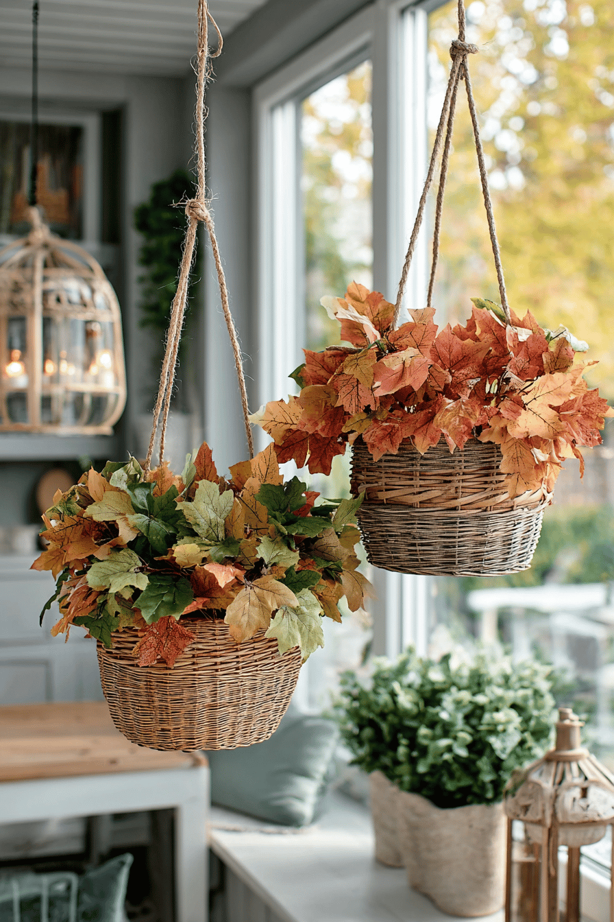 Zwei hängende Körbe mit buntem Herbstlaub an einem Fenster.