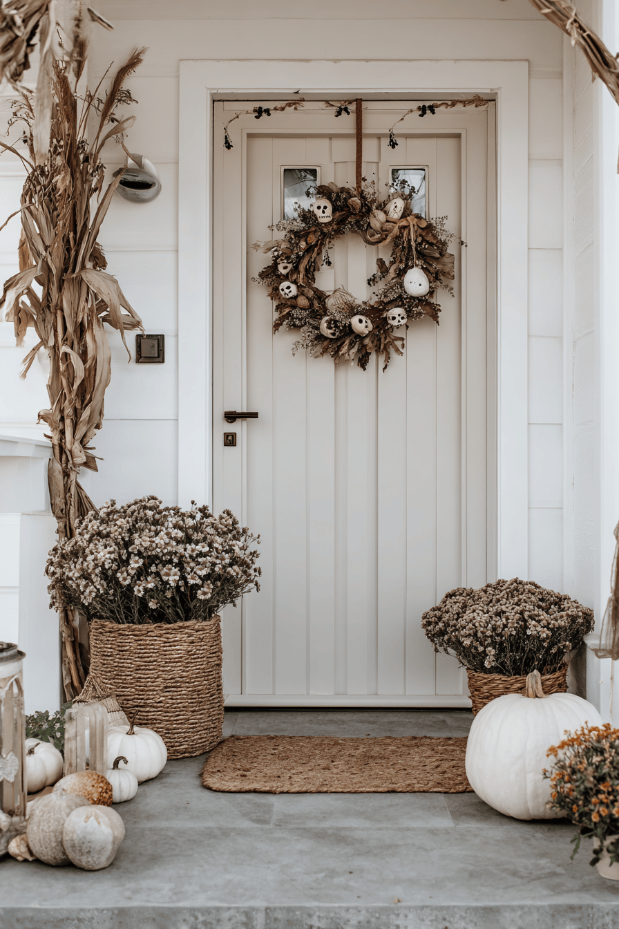 Eingangstür mit gruselig dekoriertem Türkranz und herbstlichen Accessoires wie Kürbissen und Blumen.