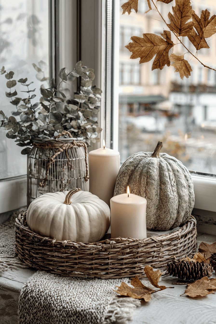 Künstlerische Herbstdekoration mit Kürbissen, Kerzen und Eukalyptuszweigen auf einer Fensterbank.