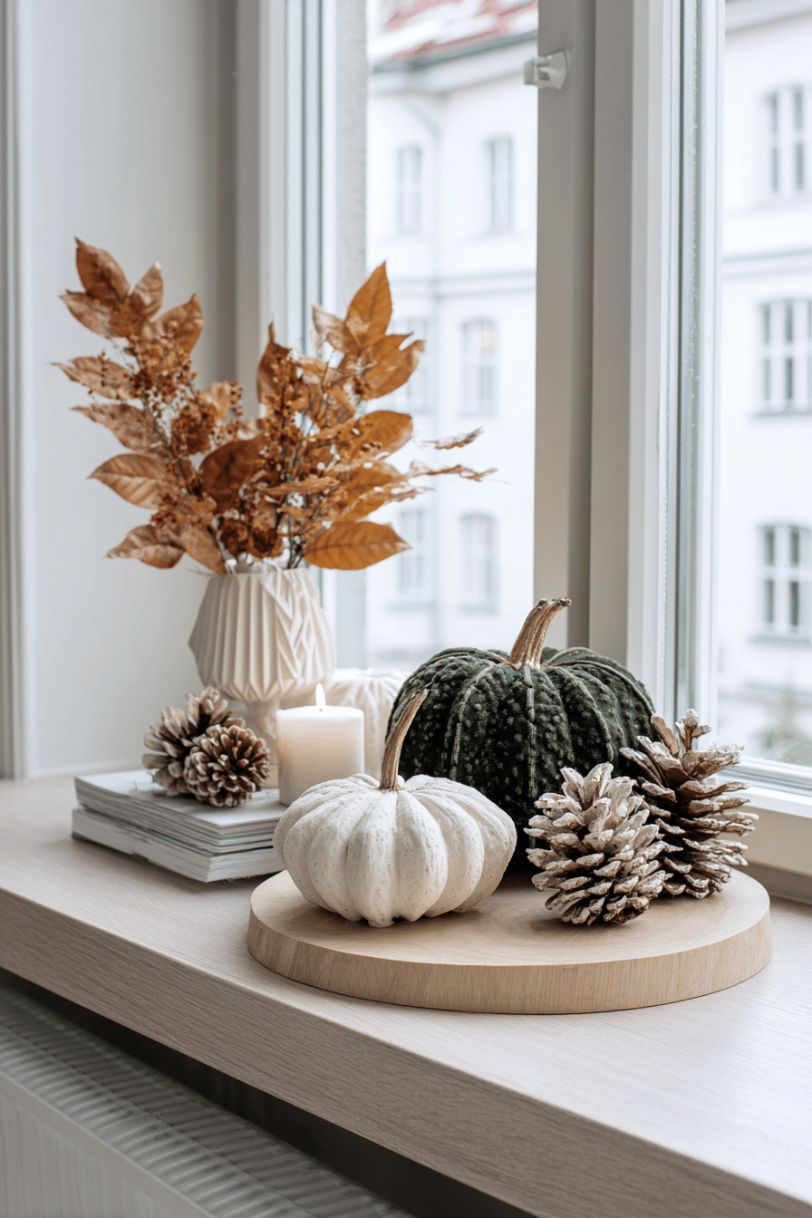 Herbstliche Fensterbank mit Kürbissen, Zapfen und Blättern.