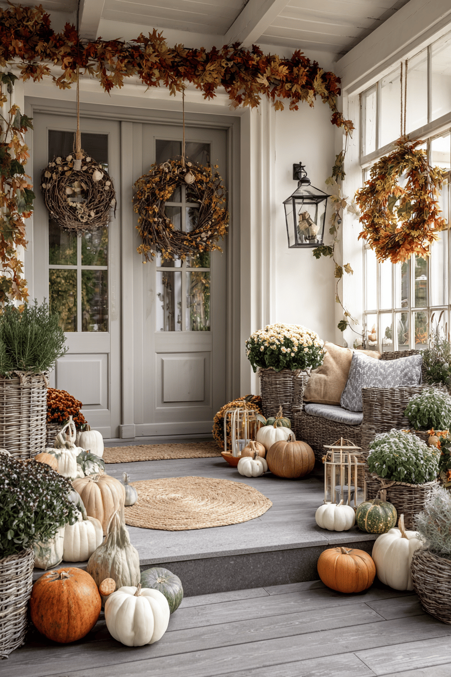 Ein herbstlich dekorierter Hauseingang mit Kürbissen, Kränzen und Blumen.
