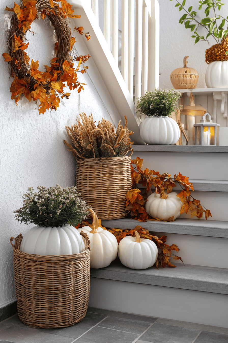 Herbstliche Dekoration mit weißen Kürbissen und Laub auf Treppenstufen.
