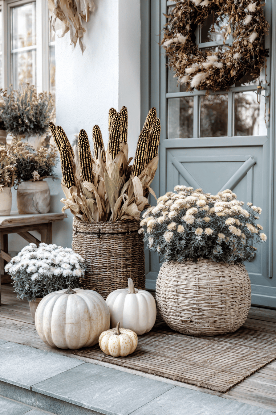 Herbstliche Dekoration mit Maiskolben, Kürbissen und Blumen vor einer Eingangstür.