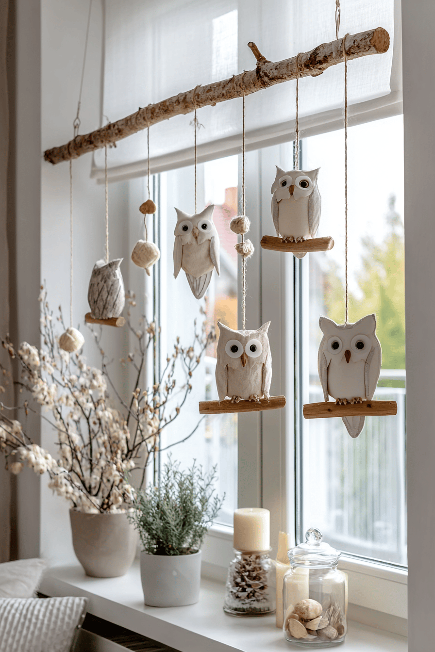 Fensterdekoration mit Eulenmotiven aus Holz und Stoff, aufgehängt an einem Ast.