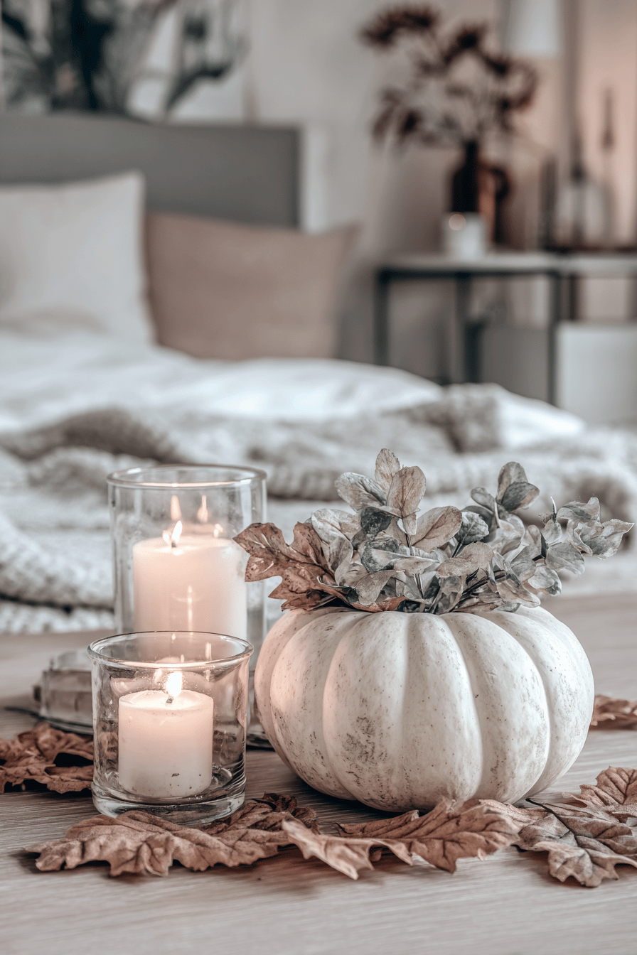 Ein weißer Kürbis mit Kerzenhaltern, umgeben von Herbstblättern und Kerzen auf einem Holztisch.