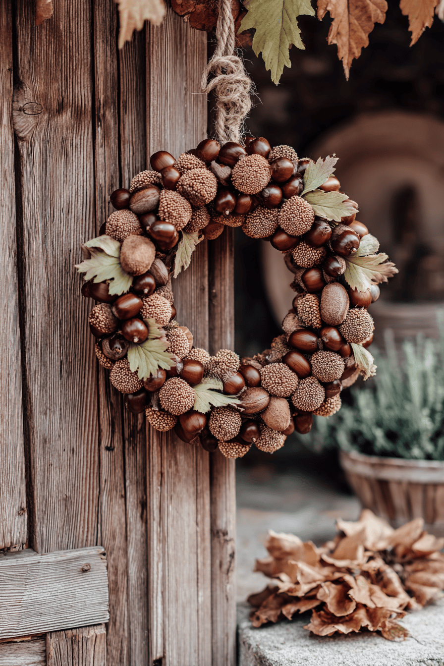 Ein rustikaler Kranz aus Kastanien und Blättern hängt an einer Holztür.