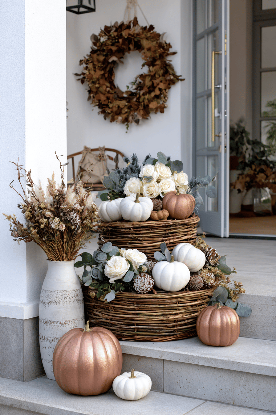 Ein herbstlich dekorierter Hauseingang mit Korbarrangements, Kürbissen und einem Kranz.