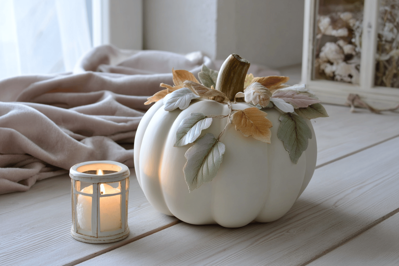 Herbstliche Dekoration mit Kürbis und Kerze