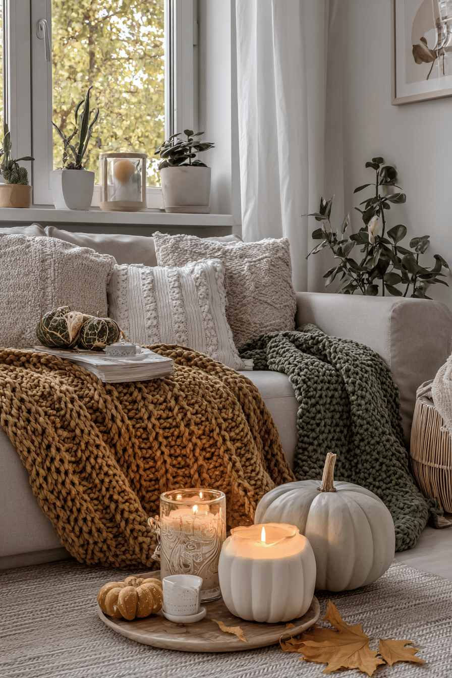 Gemütliches Wohnzimmer mit Herbstdekoration, Kerzen und gestrickten Decken auf einem Sofa.