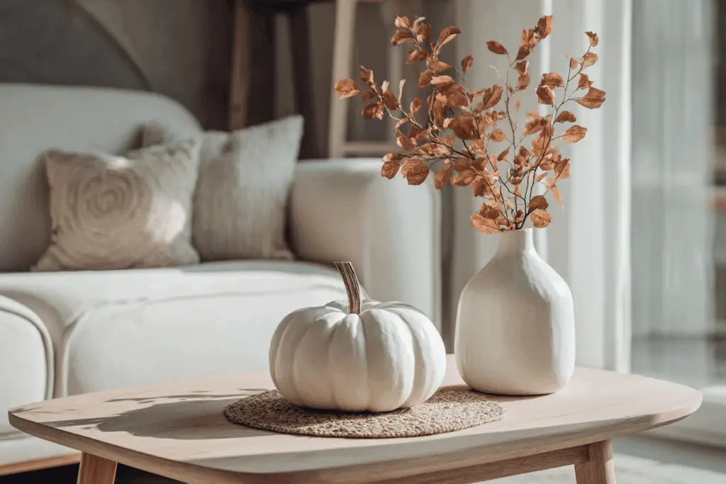 Wohnzimmer mit Kürbis und Vase auf Holztisch