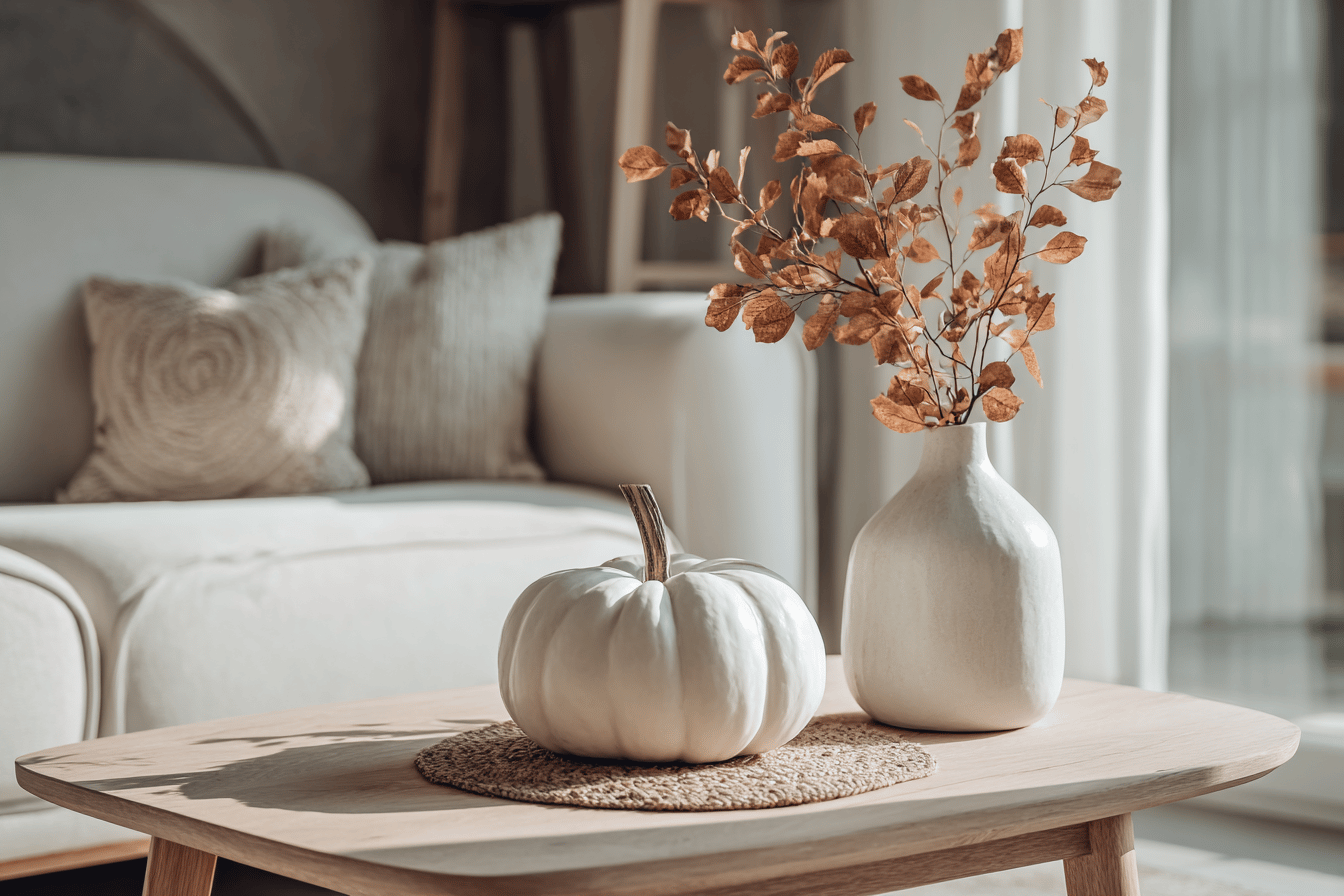 Wohnzimmer mit Kürbis und Vase auf Holztisch