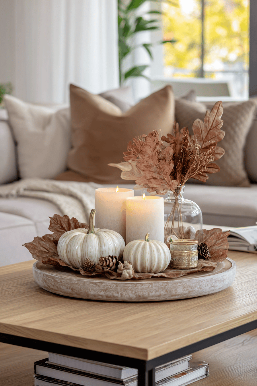 Herbstliches Kerzenarrangement mit Kürbissen und Herbstblättern auf einem Wohnzimmertisch.